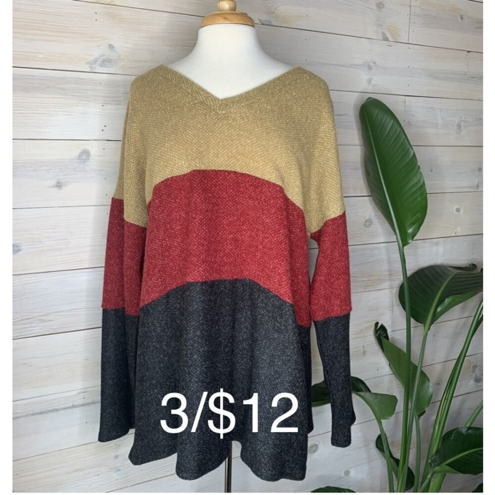 Tan Red Charcoal Colorblock Long Sleeve Sweater